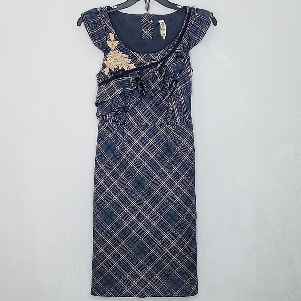 Floreat Anthropologie Plaid Ruffle Floral Dress Cap Sleeve Applique Size 2